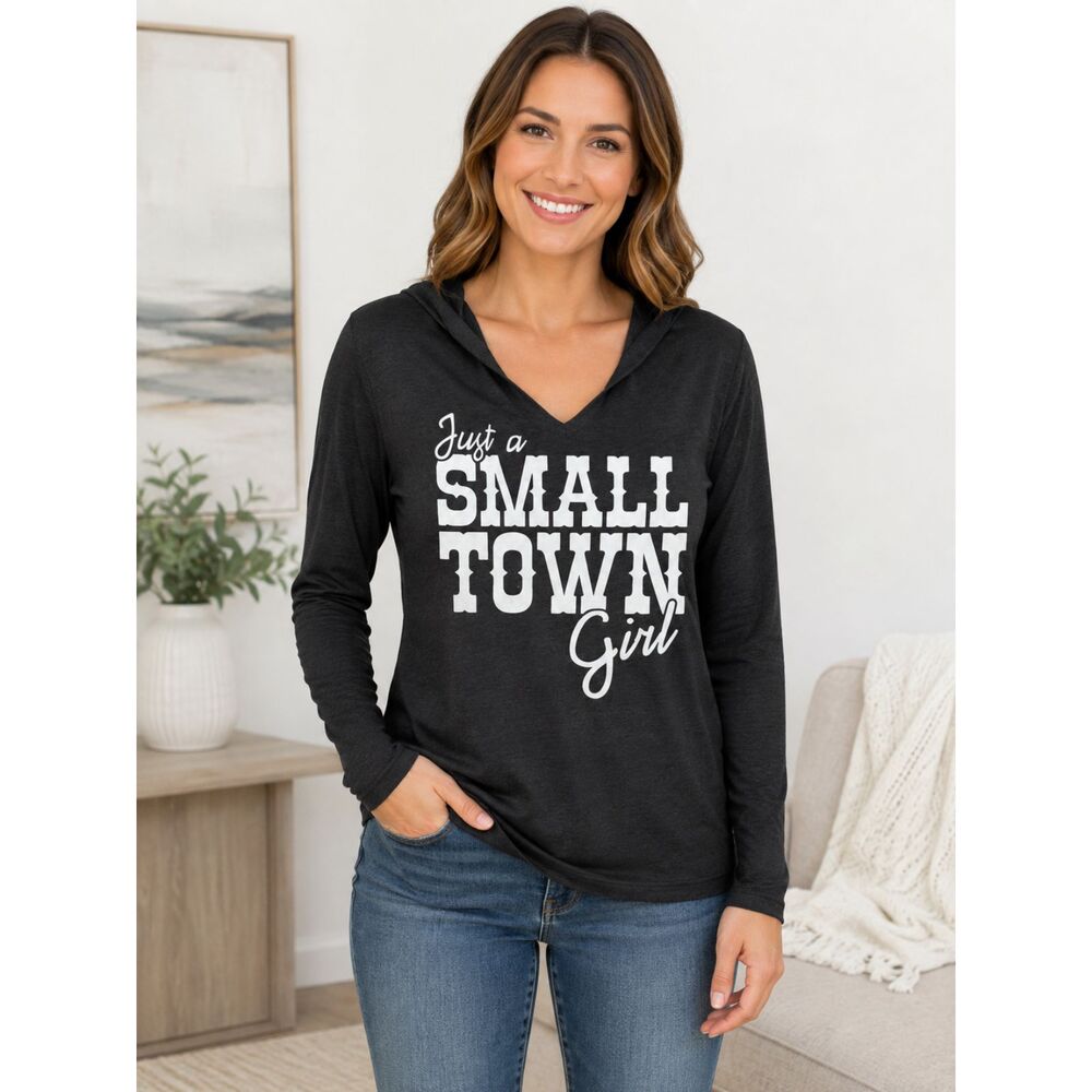 District Made Women's M Small Town Girl Hooded Long Sleeve Graphic Tee #18